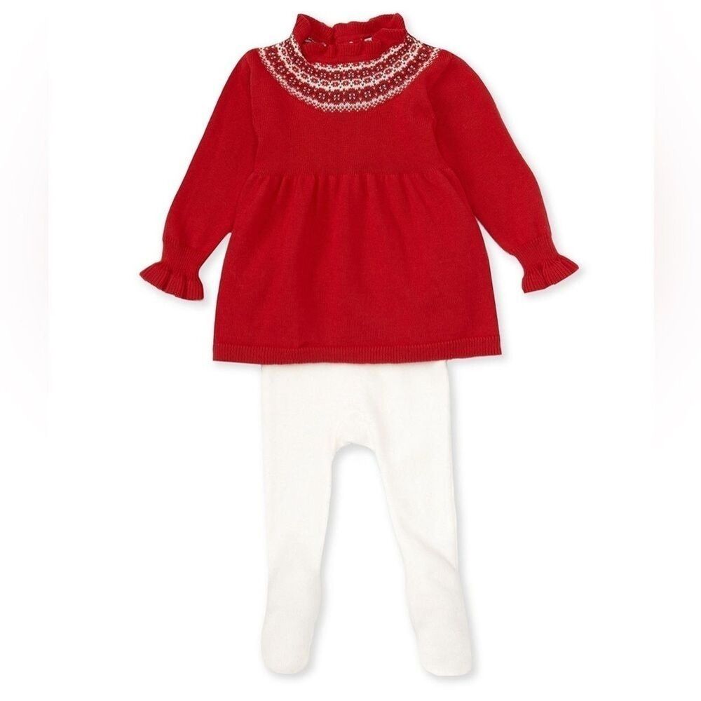 Edgehill Collection Baby Sz 9M Fair-aisle Holiday Red Sweater Dress & Tights NWT